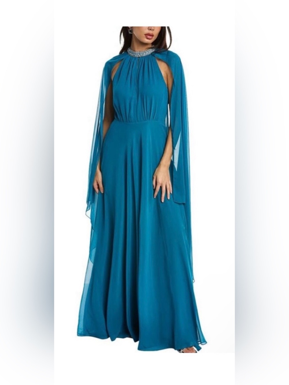 Teri Jon Teal Halter Cape-Back Evening Gown